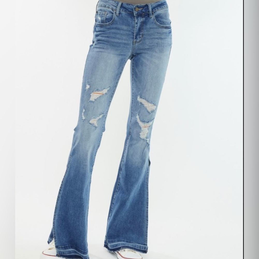 Anava Medium Wash Mid Rise Release Split Flare Stretch Denim Jean